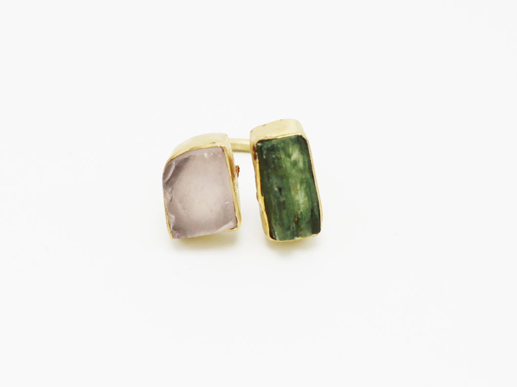 Gold Plated Green Kyanite and Rose Quartz Ring