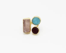 Load image into Gallery viewer, Gold Plated Rose Quartz, Raw Ruby and Sky Apatite Ring
