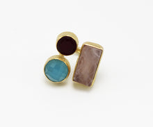 Load image into Gallery viewer, Gold Plated Rose Quartz, Raw Ruby and Sky Apatite Ring
