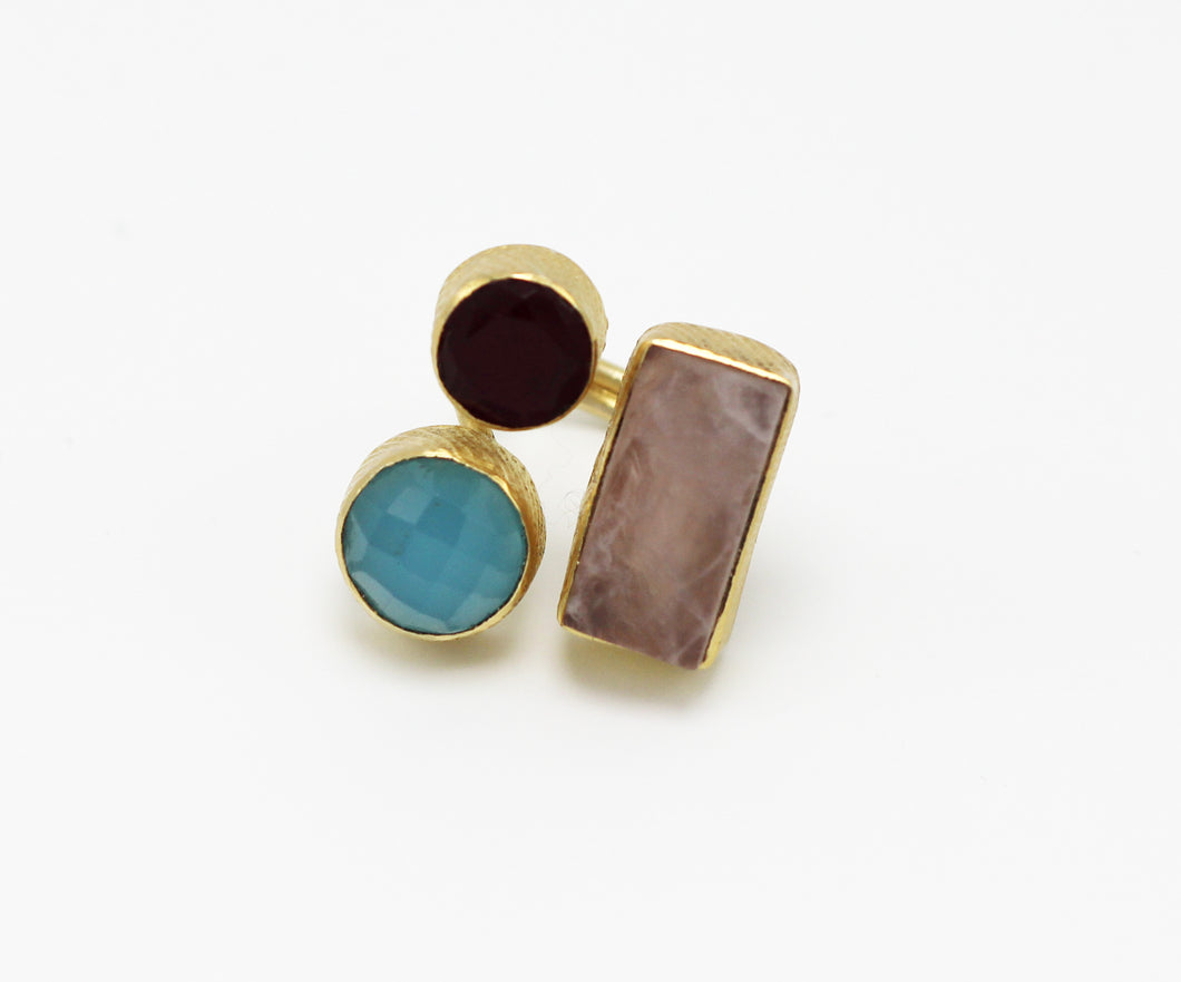 Gold Plated Rose Quartz, Raw Ruby and Sky Apatite Ring