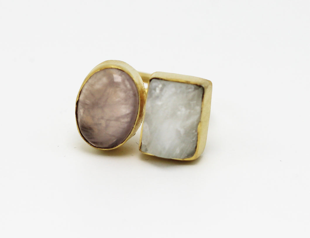 Gold Plated Clear Quartz and Rose Quartz Ring