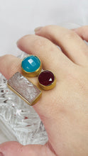 Load image into Gallery viewer, Gold Plated Rose Quartz, Raw Ruby and Sky Apatite Ring
