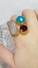 Load image into Gallery viewer, Gold Plated Rose Quartz, Raw Ruby and Sky Apatite Ring
