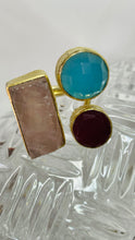 Load image into Gallery viewer, Gold Plated Rose Quartz, Raw Ruby and Sky Apatite Ring
